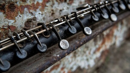 A black flute with silver keys and a rusted metal frame.