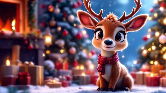 Adorable reindeer in a Christmas holiday scene.