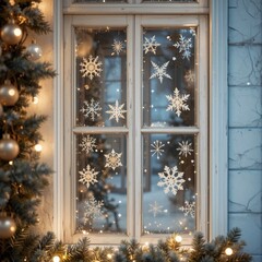 Window with white wooden frame, close-up, decorated with paper snowflakes on glass and garland around the window