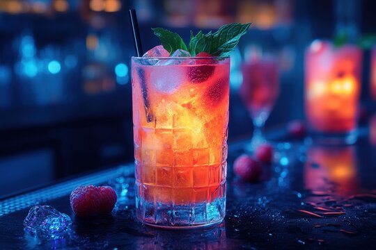 Colorful cocktail served in a glass with ice, mint, and raspberries at a vibrant bar in the evening
