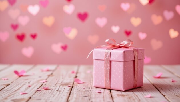 a single elegant gift box on a pastel color wooden table background: valentines day themed with hearts and bokeh lights style: soft glow with rose gold tones and shimmering rays position: subject posi
