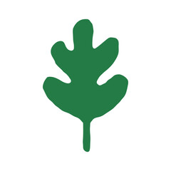 Hand drawn vector illustration of a green oak leaf. The leaf features a simple, stylized design with smooth edges and a prominent stem.