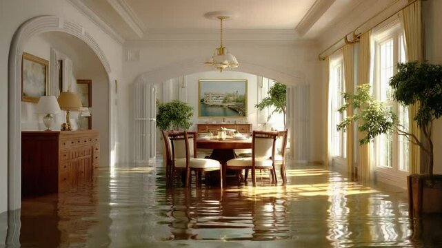 Elegant Dining Room with Interior: A sun-drenched dining room exudes refined luxury, featuring a round table set for a sophisticated gathering, framed by an elegant archway, all bathed in warm.