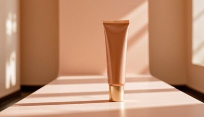 minimalist image of an empty cosmetics tube on a catwalk, luxurious studio lighting, subject on the right with bronze tones, leaving clear copy space on the left.