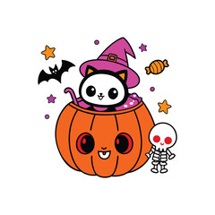 Fototapeta premium Adorable Halloween Cat in Pumpkin Spooky Cute Illustration