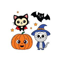 Adorable Halloween Cartoon Characters Pumpkin, Cat, Bat, Mummy