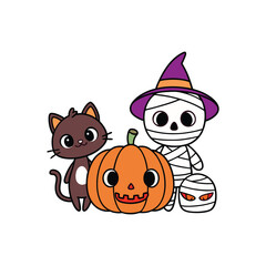 Adorable Halloween Characters Cat, Mummy, Pumpkin, and Ghost