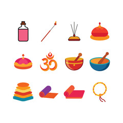 Vibrant Yoga and Meditation Icons Spiritual Symbols, Tools, and Practices