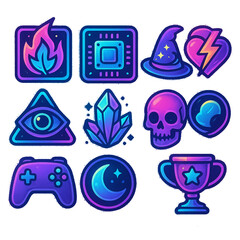 Neon Fantasy Icon Pack – Gaming, Magic & Tech Symbols
