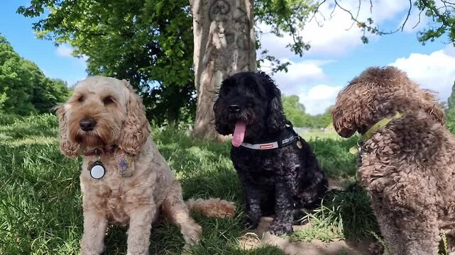 Group of Calm and Multicolored Cockapoo Dogs Relaxing Together Peacefully in a Green Dog Park on a Sunny Day | Adorable Fluffy Companions Lounging Outdoors Showing Off Their Sweet Temperament