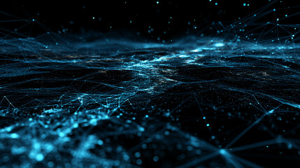 Abstract blue network, glowing nodes and lines on dark background, symbolizing connection, technology, and global network