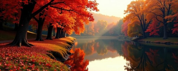 Sun-drenched, fiery maples lining the Ausable's edge, Ausable River, river scene