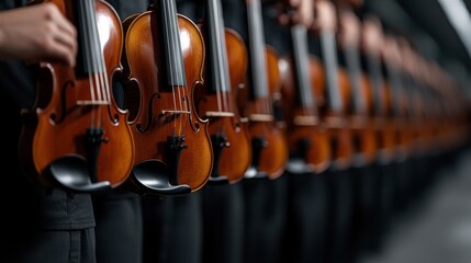 A row of violins held by a person.