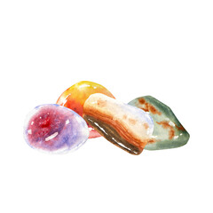 Watercolor illustration of colorful polished gemstones composiyion. Includes red, green, yellow, and brown crystals in oval and irregular shapes. Esoteric, healing and decorative uses.