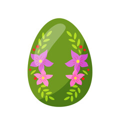 colorful green easter egg, with green leaves, and flowers. hand drawn. vector.