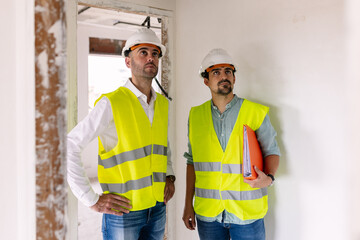 Two engineers evaluating progress at a construction site, demonstrating workplace safety and collaboration. Engineering and architecture concept