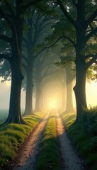 Sunlight filters through fog, illuminating a tranquil country lane amidst ancient trees , sunlight, imagery