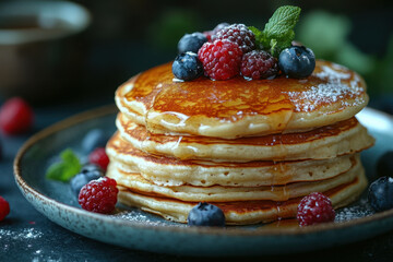 Plate of pancakes topped with berries and powdered sugar.