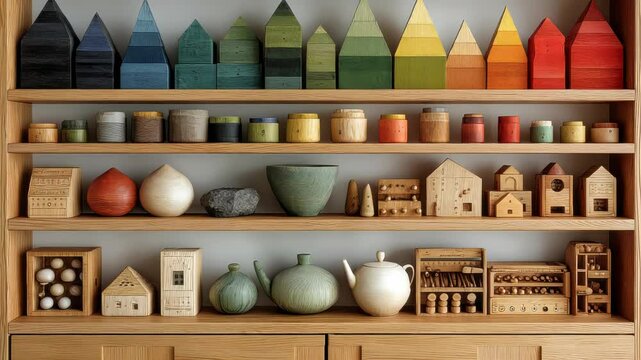 Colorful set of wooden toys and household objects arranged neatly on shelves for educational display
