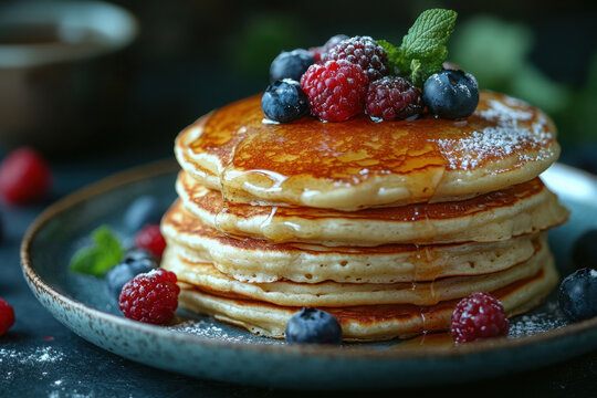 Plate of pancakes topped with berries and powdered sugar.