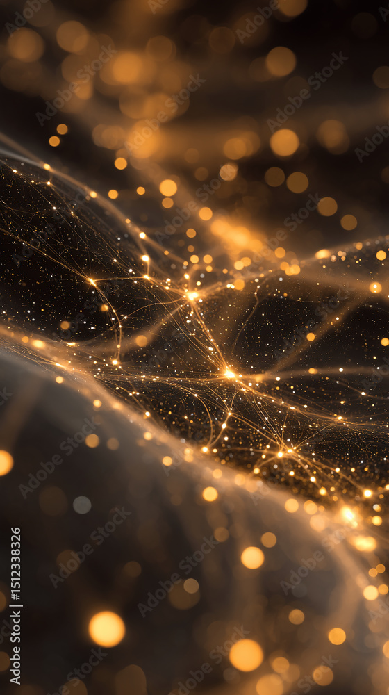 Aufkleber Abstract image of glowing golden particles and lines on dark background, creating a dynamic network effect, symbolizing connection, innovation, or technology