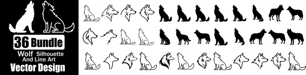 Bundle wolf silhouette and line art vector illustration 