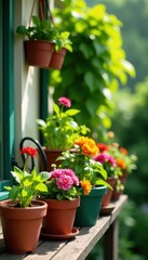 Vibrant potted herbs & flowers, gardening tools neatly arranged on sunny balcony , lifestyle, garden
