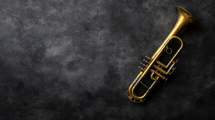 Fototapeta premium A shiny brass trumpet rests on a dark gray textured background.