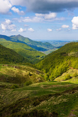 Naklejka premium Verdant panorama of the Monts du Cantal from the top of the Jordanne Valley