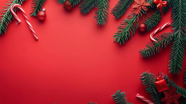 Bright red background featuring Christmas decorations: fir tree branches, red and white striped candy canes, and small red ornaments. A simple, elegant holiday flat lay design.