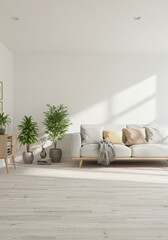 Minimalist modern living room with white wall and sofa. Clean interior decor and furniture for residential design.