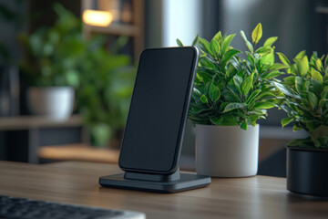 Fototapeta premium Black phone on desk next to plant.