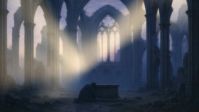orror dawn in gothic cathedral ruins, hooded pilgrim kneels, eerie singing stone, circular camera move, 10-sec 4K 