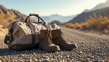 Duffle Bag and Boots Abandoned on Desert Highway Digital Illustration