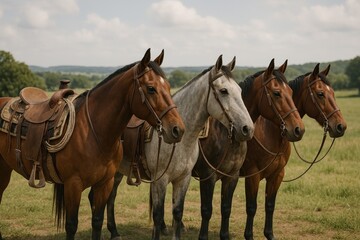 Obraz premium Four saddled horses standing together.