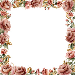 Roses with golden decorative vintage ornaments Frame. Watercolor hand painted floral isolated illustration wedding