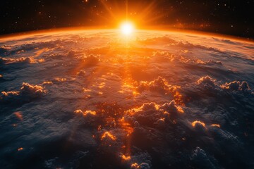 Fototapeta premium Sunrise above the clouds as seen from space showcases vibrant colors and dramatic lighting, capturing the beauty of Earth