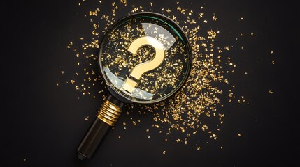 Golden Question Mark Magnifying Glass on Black Background with Glitter