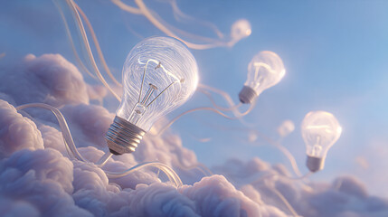 Glass lightbulbs float on clouds, connected by thin wires, symbolizing ideas and innovation, perfect for creativity or technology concepts
