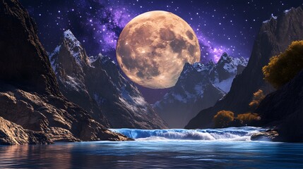 Enormous Moon Over Snowy Mountains and River