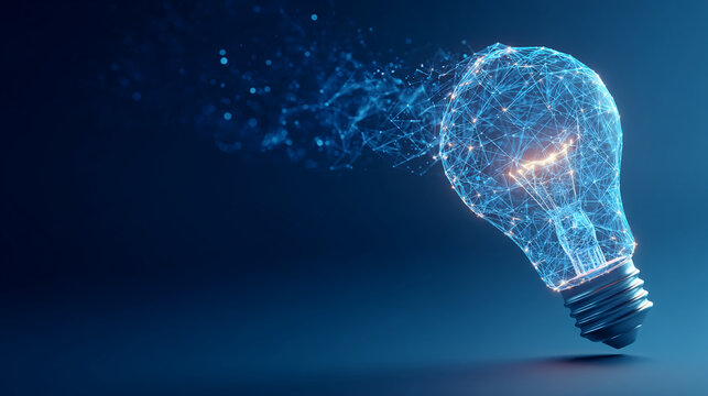 Blue glowing lightbulb, network structure, digital concept, innovation, technology, idea, free space,  background