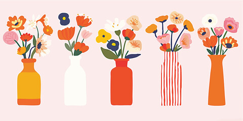 A vibrant display of fresh flower bouquets bursts with color and life, arranged in decorative vases, perfect for adding a touch of beauty and elegance to any space.