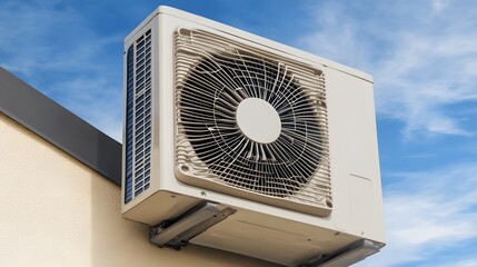 Exterior Air Conditioner Unit on Building Rooftop under Blue Sky