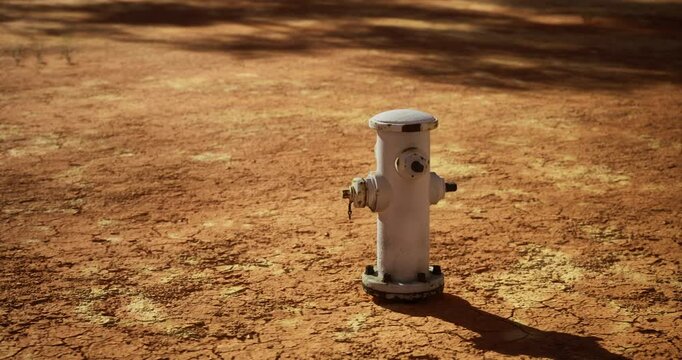 A white fire hydrant stands isolated on parched and cracked soil in an open area. The sun casts sharp shadows, highlighting the dry landscape.