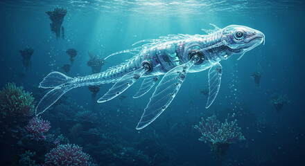 Fototapeta premium Tropical fish and diverse marine animals swim in an underwater ocean reef, captured both in their natural deep blue habitat and isolated within an aquarium