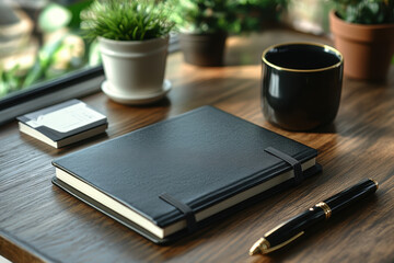 Pen poised over blank notebook on wooden table.