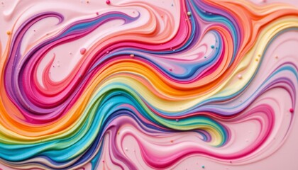 Obraz premium rainbow cake batter swirls in abstract background, subject on right side with clear copy space on left.