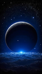 Crescent Moon Above a Lunar Horizon deep space, Majestic Crescent Moon Illuminating in the night sky filled with numerous stars and cosmic Eclipse light, Mobile Wallpaper.