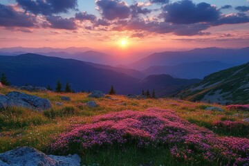 Obraz premium Vibrant sunset over a mountain landscape with blooming flowers and lush greenery in a serene natural setting
