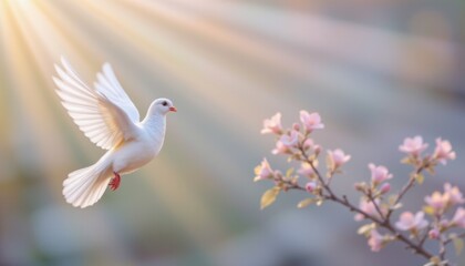 a white dove symbolizing love and peace descends from a heavenly light on the left side of the image, soft glow style with pastel tones, featuring clear copy space on the right for photos.